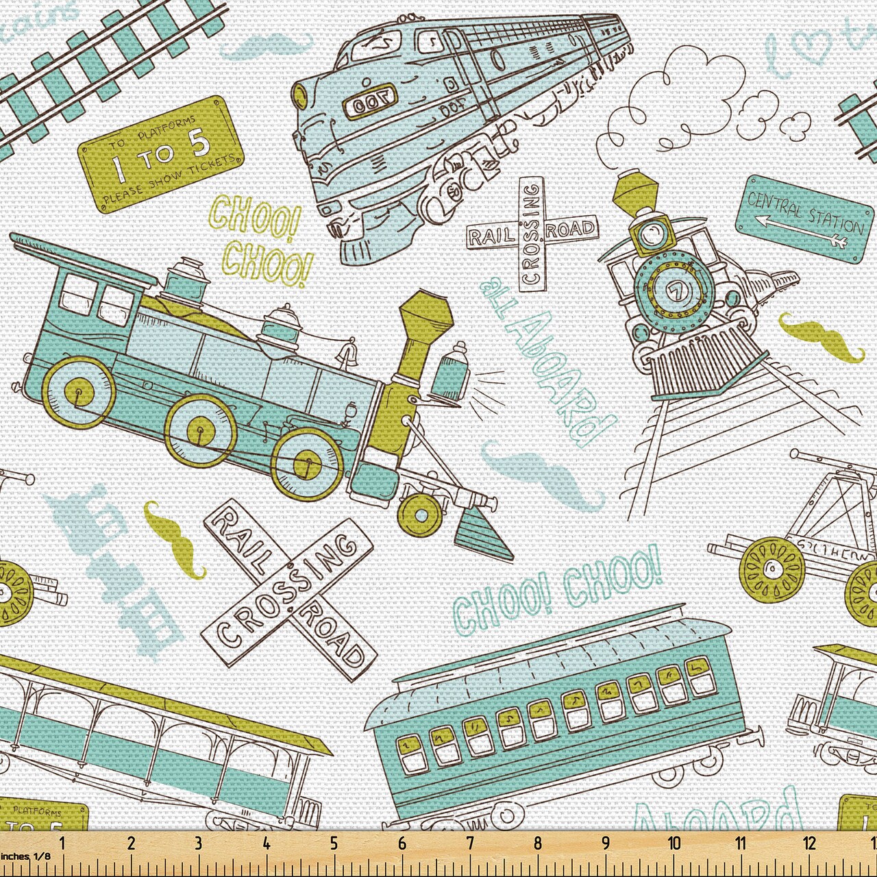 Ambesonne Steam Engine Fabric by The Yard, Choo Choo Train Boy Pattern Blue Green Number Plate Vintage, Decorative Fabric for Upholstery and Home Accents, 2 Yards, Apple Green